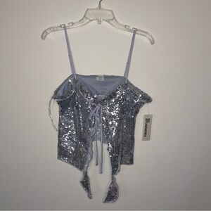 No Boundaries Glittering Sequin Ruffle Silver Crop Top Clubbing